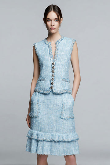 Knee-Length Sheath V-Neck Sky Blue Work Dress with Ruffles